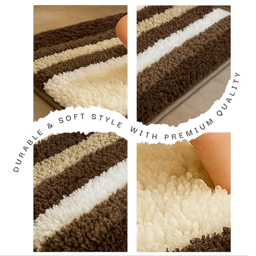 Image of VAS COLLECTIONS Microfiber Solid & Striped Anti-Skid Bath Mats - Pack of 2 (Brown & White, 35x50 cm)