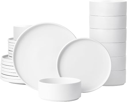 GZG Classic Series - Plates and Bowls Set for 8, 24 Piece Stoneware Dinnerware Sets, Microwave and Dishwasher Safe Lead-Free Handcrafted Ceramic Dishes Set - Ivory White