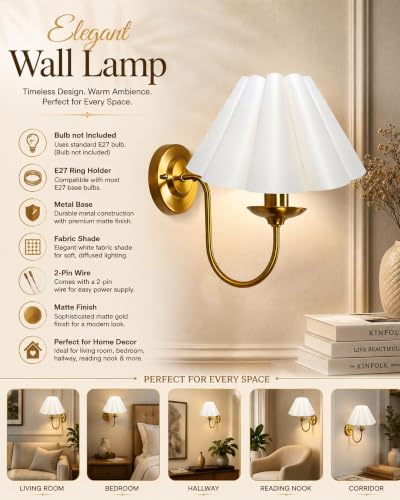 Image of Homesake Antique Brass Wall Sconce Light with Black Floral Fabric Shade, Vintage E27 Wall Light Fixture, Industrial Gold Wall Lamp for Bedroom, Living Room, Hallway, Bathroom & Home Decor