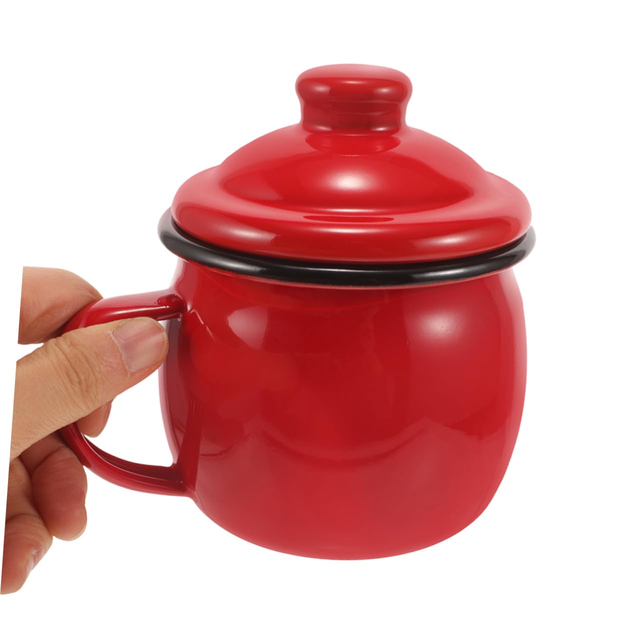 Emaille Wasserbecher 2 Stück mit Deckel 580ml, Rot, Mikrowellengeeignet | Büro und Party, Glatte Oberfläche, Robust und Tragbar, Simples Stilvolles Design