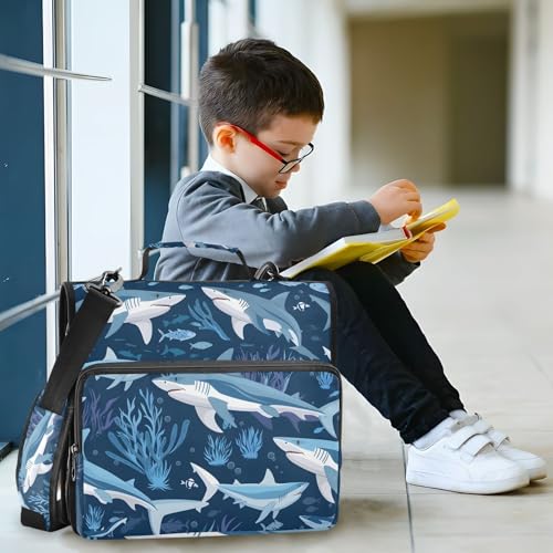 Image of Sharks Blue Ocean Zipper Binder Bag 3 Ring Binder with Shoulder Strap Zip Up 500 Sheets Capacity Multi Pockets for School Office Supplies