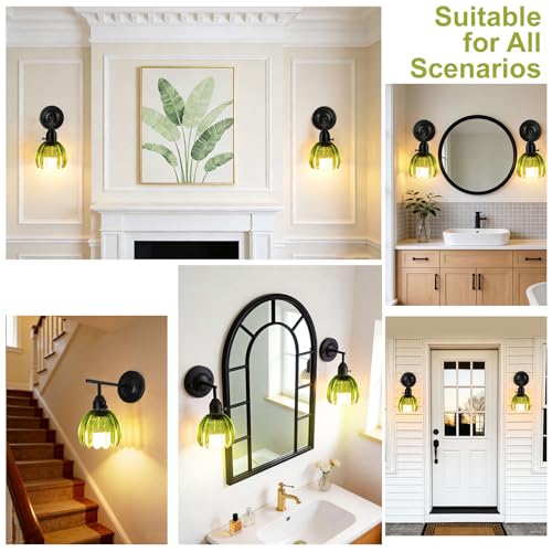 Image of Vintage Wall Sconces Set of 2 with Green Tulip Glass Lampshade, Hardwired and Wireless Wall Mounted Light Fixtures (2 Usage Methods), Black Lamp with Switch for Bedside Bedroom Living Room Wall Decor