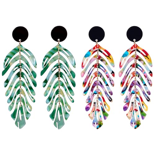 Handmade Bohemian Colorful Acrylic Leaf Dangle Drop Earrings Vintage Lightweight Resin Leaf Hook Earrings for Women
