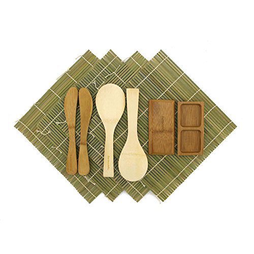Bamboomn Deluxe Sushi Making Kit 2 Sets Of 2X Natural Rolling Mats, 1X Rice Paddle, 1X Spreader, 1X Compartment Sauce Dish | 100% Bamboo Mats And Utensils #TOP7
