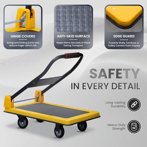 Image of Robustt 200 Kg Heavy-Duty Metal Foldable Platform Trolley (Yellow) | Hand Truck with 360 Rotating Wheels & Cushioned Grip | Material Handling Cart for Home, Office, Warehouse & Industrial Use