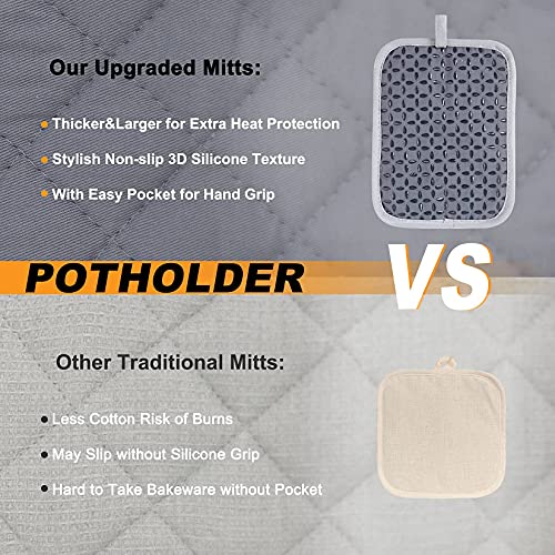 Vhause 2Pcs Pot Holders For Kitchen - Cotton Oven Hot Pads Set With Non-Slip Silicone Grip And Pocket Heat Resistant Pans Handle Covers Potholders Machine Washable Grey #TOP4