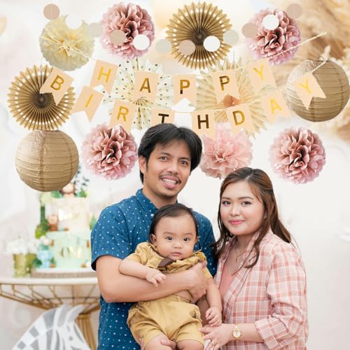 Décorations d'anniversaire rose et marron champagne, doré, beige, bohème, rose poudré, crème, neutre, rose poudré, lanternes pour fans de fête avec bannière dorée rétro pour femmes et filles – vue 5