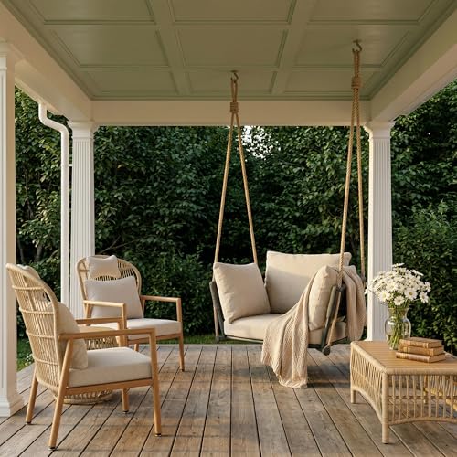 Image of Swing Chair Outdoor, Single Hanging Porch Swing, Ceiling Hanging Chair for Bedroom, 106 inch Adjustable Rope Swinging Chair Indoor, Heavy Duty 400lbs Patio Outdoor Swings for Deck /Balcony, Beige