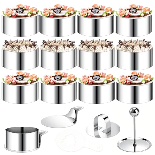 VINATO Set aus 12 Dessertringen inklusive 2 Deckeln und 2 Böden Edelstahl-Servierring mit 8 cm Durchmesser runde Mousse-Ringe geeignet für Kekse Donuts und Kuchenbackformen