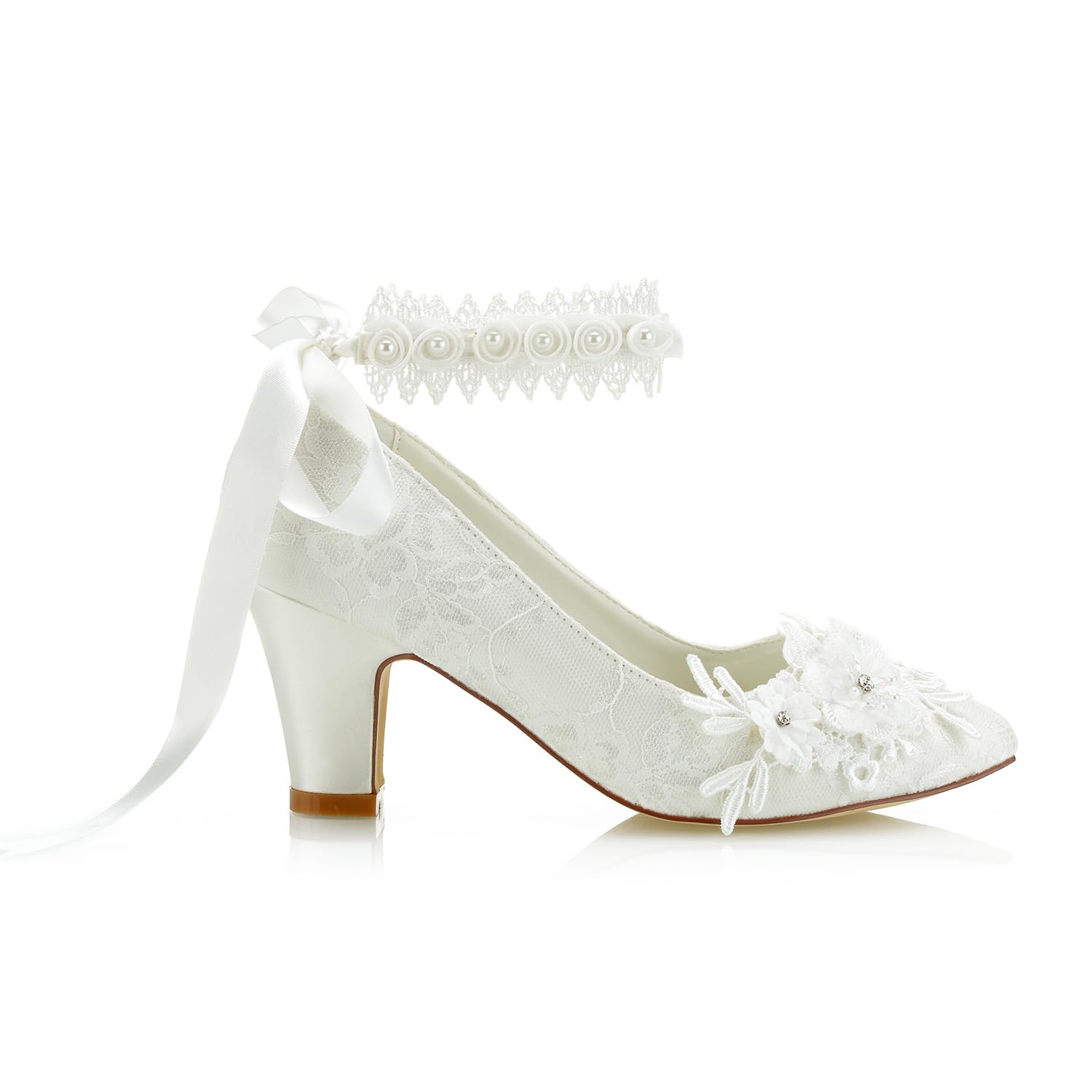 JIAJIA 62311B Damen Brautschuhe Geschlossene Spitze 7cm Blockabsatz Satin Pumpen Satin Blumenband Krawatte Hochzeitsschuhe