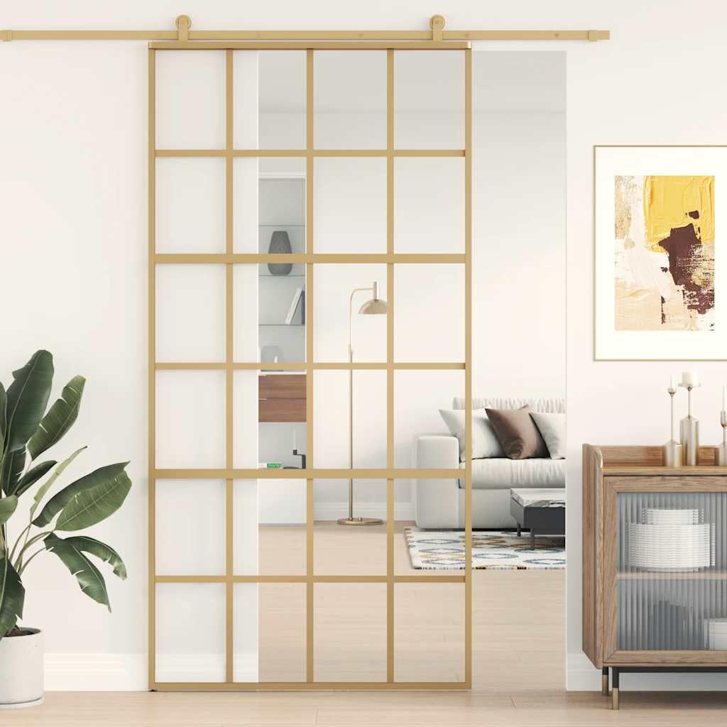 Drzwi przesuwne Golden 102,5 x 205 cm, przezroczyste szkło ESG, aluminiowe skrzydło drzwi z ramą i uchwytem do drzwi wewnętrznych, montaż remontu, bezpieczeństwo, izolacja akustyczna, ochrona