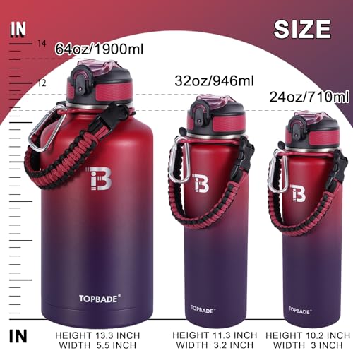 Image of TOPBADE 32oz Insulated Water Bottle with Straw Lid & Spout Lid & Paracord Handle, Stainless Steel Water Bottle Wide Mouth, Double Wall for Women Men Gym Fitness Outdoor