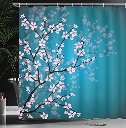 ABAKUHAUS Japanese Shower Curtain, Spring Season Sakura Bloom Design Marine Toned Ombre Background, Cloth Fabric Bathroom Decor Set with Hooks, 86 Inches Extra Long, Petrol Blue Pale Pink - Image 3