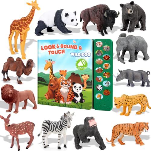 Image of Tudoccy Safari Animals Figures Toys - 13 Realistic Wild Plastic Animal Figurines & Kids Sound Book - Educational Learning Toys Gift for 3 Years Old & Up Boys Girls Toddlers