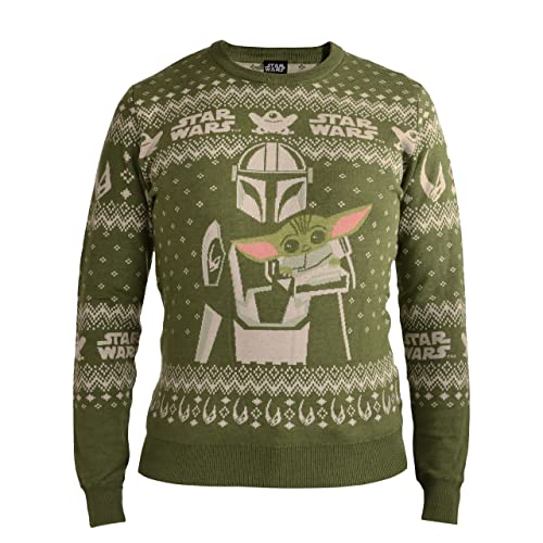 Elbenwald Jersey de Punto Star Wars con Motivo de Mando y Grogu Noruego en diseño Invernal a lo The Mandalorian para Hombre Mujer Verde Unisex - S