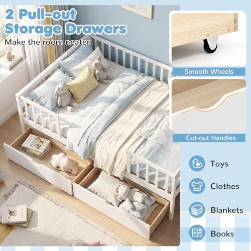 Image of KOMFOTT Full Bed Frame with Rails, Wood Daybed with Side Shelf & 2 Storage Drawers, Platform Bed with Guardrail & Wooden Slat Support for Kids Teens, No Box Spring Needed (Full,White)