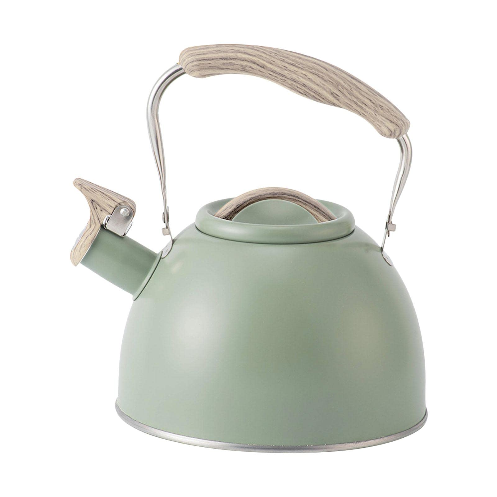 Bouilloire camping sifflet en inox vert clair, poignée bois isolante pour le thé