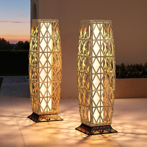 Grand patio 2-Piece Outdoor Floor Lamp Solar Lantern, Water-Resistant Wicker Boho Patio Light with 50/100 Lumens Dual Brightness & Memory Mode for Gar