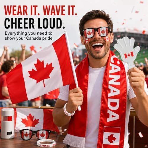 Canada Soccer Fan Gear Set - 6-Piece Red & White Supporter Kit: 3x5ft Flag, Scarf, Hand Clapper, Face Paint, Fan Glasses & Silicone Bracelet - Perfect for 2026 Match Day & National Celebrations — view 2