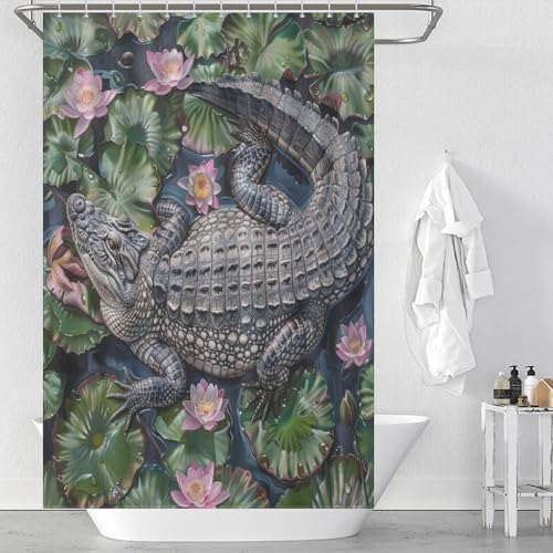 FJQWKLF Rustikaler Duschvorhang mit Krokodil-Lotus, Blatt-Tier-Badezimmerdekor, waschbares Duschvorhang-Set mit Haken, 91,4 x 182,9 cm