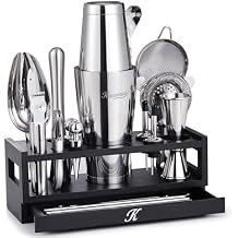 KITESSENSU 25-PC Professional Boston Shaker Set Bartender Kit, Mixology & Cocktail Bar Set with Bamboo Drawer Stand, 18oz & 28oz Ultimate Martini Shaker Gift for Home Bar