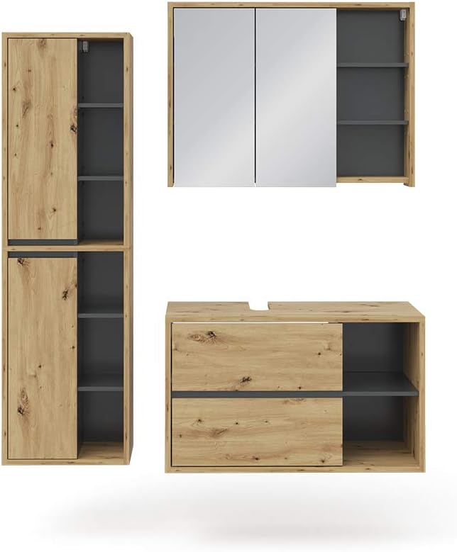 Set Mobili Bagno Fynn In Rovere E Antracite - Armadietto Specchio E Mobile Lavabo - Foto 6