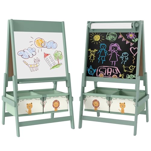 AIYAPLAY Art Easel for Kids, 3-in-1 Double-Sided Whiteboard/Blackboard Standing Easel with Paper Roll, Two Storage Boxes, Toddler Drawing Board for Ages 3-8 Years, Green