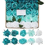 TINGE TIME Teal Green Silk Artificial Flowers, Fake Rose Flowers 25pcs with Stem for DIY Wedding Bouquets Baby Shower Centerpieces Party Tables Home Decorations