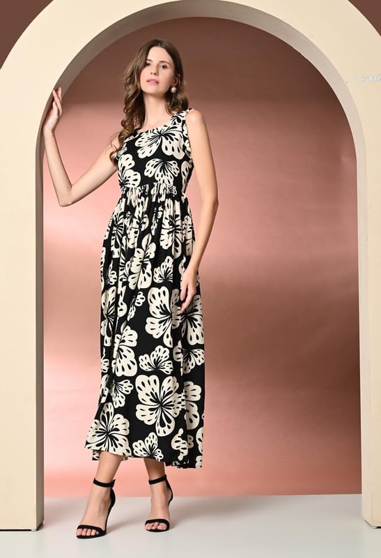 Image of Dress for Women | New Rayon Floral Printed Flared Maxi Dress for Women & Girl's