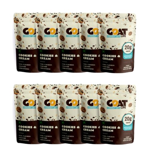 Image of GOAT Life Overnight Oats | 20g Protein | High Fibre | Nutrient-Rich | No Sugar | Gluten-Free & Vegan | Supports Weight Management & Muscle Recovery | Instant Breakfast (Cookies & Cream, Pack of 10)