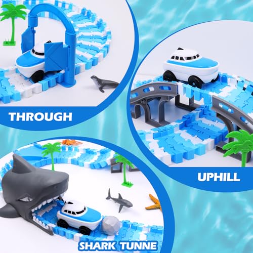 Image of Ocean Theme Flexible Race Car Tracks for Kids, Birthday Gift for Boys Age 3 4 5 6 7 Years Old, 240+ PCS Buildable Car Track Playset with Shark Tunnel and Sea Creature Accessories
