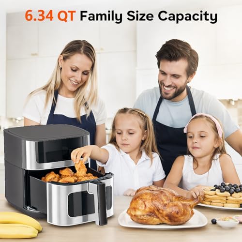 Image of Simple Deluxe 8-in-1 Air Fryer 6.34 Qt, Digital Preset Airfryer with Visible Window, Nonstick and Dishwasher-Safe Basket, Air Fry, Chicken, Pizza, Dehydrate, Fries, 90-Min Timer, 1700W, Gray