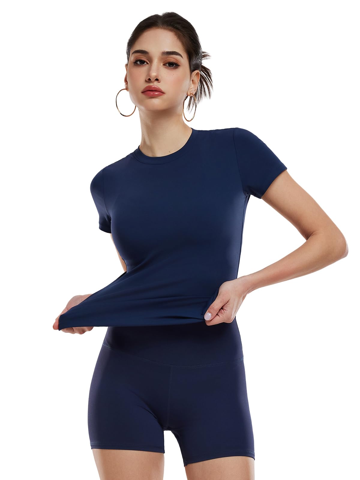 Womens 2 Piece Workout Set Slim Fit Crew Neck T Shirt High Waisted 4 Inch Athletic Shorts Matching