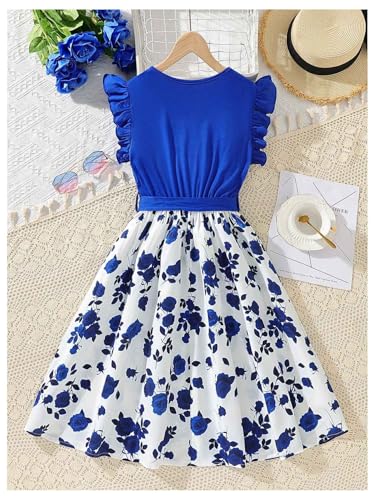 Floerns Girl's Floral Ruffle Cap Sleeve A Line Dress Crew Neck Midi Belted Dresses2