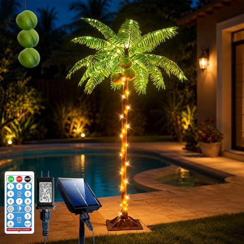 Ledido 5FT Christmas Palm Tree for Outdoor, 150LED Solar Lighted Palm Tree for Outside Patio with...