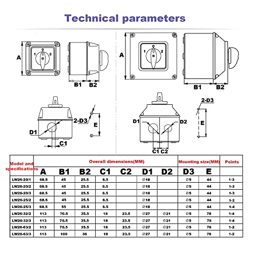 Lepevney Universal Changeover Selector Switch With Waterproof Exterior Box Dual Power Switch 3 Positions 4 Terminals Lw26-20/1 440V 20A White #TOP6