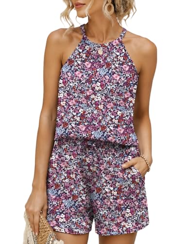 Image of Rapbin 2 Piece Short Sets for Women Casual Vacation Summer Outfits Sleeveless Halter Tops Loose Fit