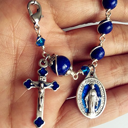 elegantmedical CATHOLIC Silver Wire Wraped Lapis lazul BEAD BRACELET ROSARY CROSS2