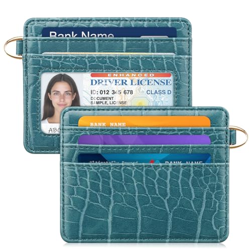 Image of Slim Credit Card Holder Crocodile Wallet Women Thin Wallets | Alligator Print RFID Blocking Minimalist Lightweight Pocket Small Cute Cards Holders ID Window, Blue Croc