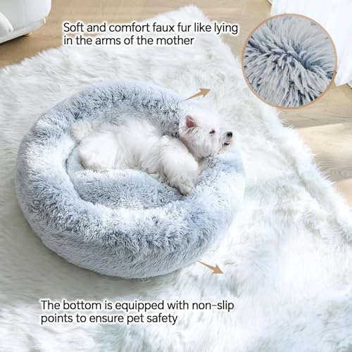 Image of ZEXSAZONE Plush Donut Dog Bed for Dogs & Cats | Soft Calming Anti-Anxiety Pet Bed | Warm Cozy Winter Dog Bed for Puppies | Washable Round Bed (Grey Small)