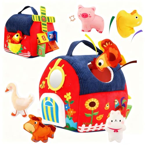 Image of Baby Toys 6-12 Months Montessori Sensory Toy Barn with Stuffed Farm Animals, Rattle, Crinkle for Infants. Portable Learning Gift for 6 Month Old, 1-3 Year Old Toddlers, Christmas Stocking Stuffers