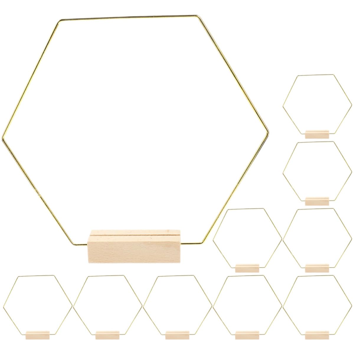 PLAFOPE 10 Piezas Aro de Metal Hexagonal con Base, Dorado, de Metal y Madera, Centro de Mesa para Boda y Manualidades DIY, para Decoración de Mesas