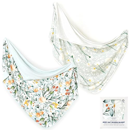 Image of GRSSDER Baby Blankets Super Soft Stretchy Jersey Knit Swaddle Blanket 2 Pack for Baby Girls, Double Layer Reversible Receiving Blankets 34 x 44, Extra Large for Swaddling, Fruit & Daisy