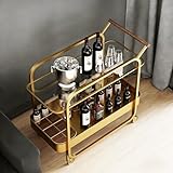 DAWNYIELD Carrito de Bar 2 Niveles, Carrito de Bebidas con Bandeja de Vidrio Templado y Rejilla para Botellas, Carro de Bar con Ruedas Bloqueables, Carrito Multiusos para Cocina, Salón, Dorado