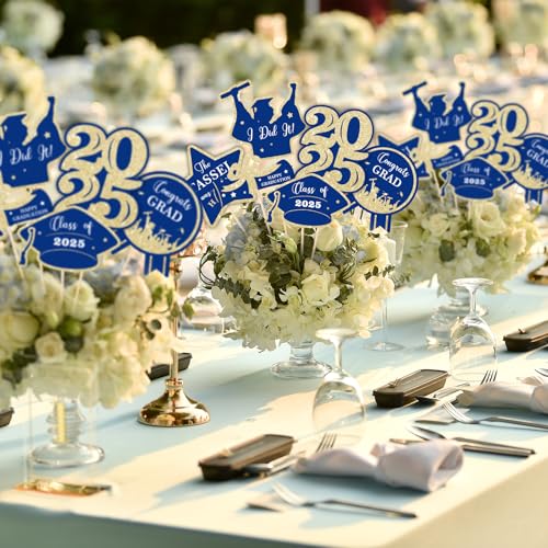 Image of COCHIE Class of 2025 Graduation Party Decorations, Table Centerpieces Sticks for Grad Parties Supplies, Shiny Table Topper Decor for Kindergarten Preschool High School College (Glitter Blue and Gold)