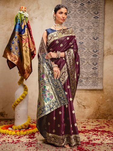 Image of SIRIL Women's Paithani jacquard Silk Saree |Chandrakor Paithani jacquard Saree With Unstitched Blouse Piece