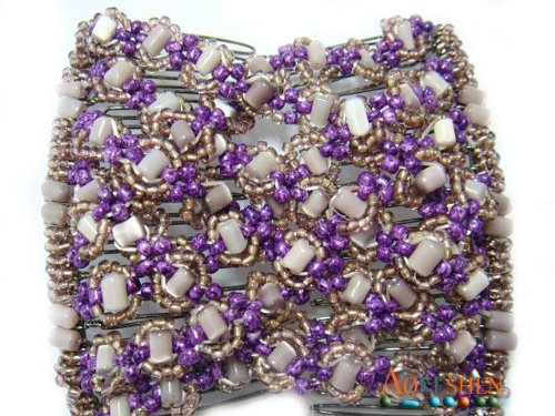 Eozy Womens Girl 1pc Soft Elegant Purple and Grey Flower Wedding EZ Magic Stretchy Hugger Acrylic Beads Comb Hair Double Clips Claw Grip Stretchable