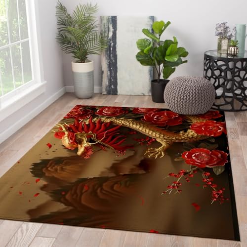 Alfombras Lavables máquina Dormitorio 120x150 Alfombra salón Tinta Oriental peonía dragón montaña Chino Antideslizante Alfombra Lana sintética Pelo bajo Comedor Entrada Cocina mesilla