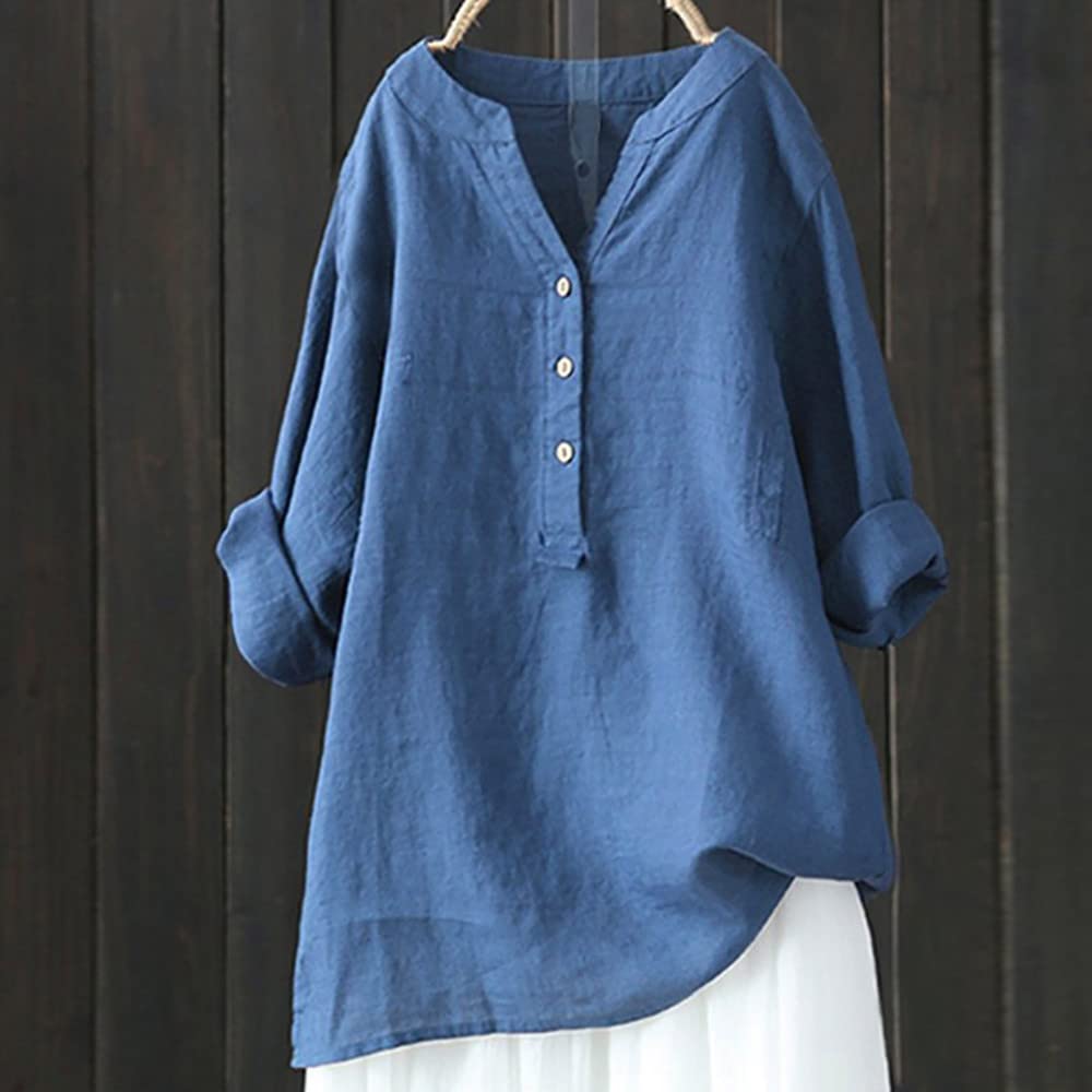 Womens Solid Cotton Linen Shirts Basic 3/4 Sleeve Long Sleeve Plus Size Dress Loose Fit Casual Clothing Stand Collar Blue
