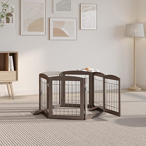 Vantas Folding Pet Gate 120" Wide, 24" Tall No-Assembly Wooden Dog Gate With Door Walk Through, Freestanding Wire Pet Gate, Pet Puppy Safety Fence, With 2Pcs Support - Espresso #TOP3